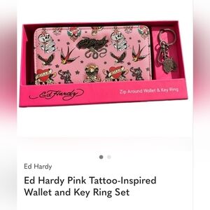 Ed Hardy Pink Tattoo-Print Zip Wallet with Key Ring